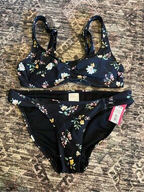 Xhilaration Black Floral Bikini Set with Yellow & White Accents
